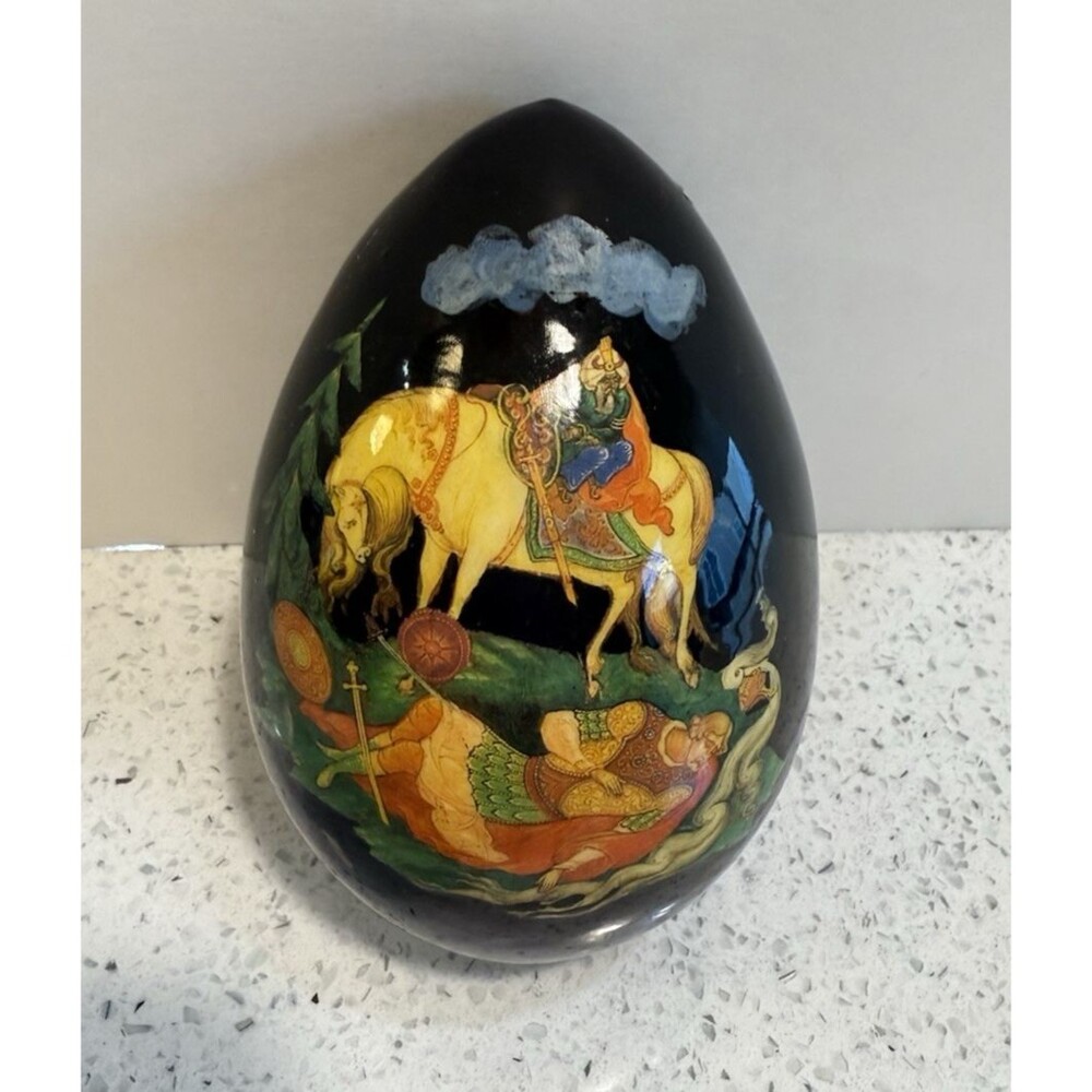 Vintage Russian Hand painted Lacquer Wooden Egg Fairytale Scene Signed 4"